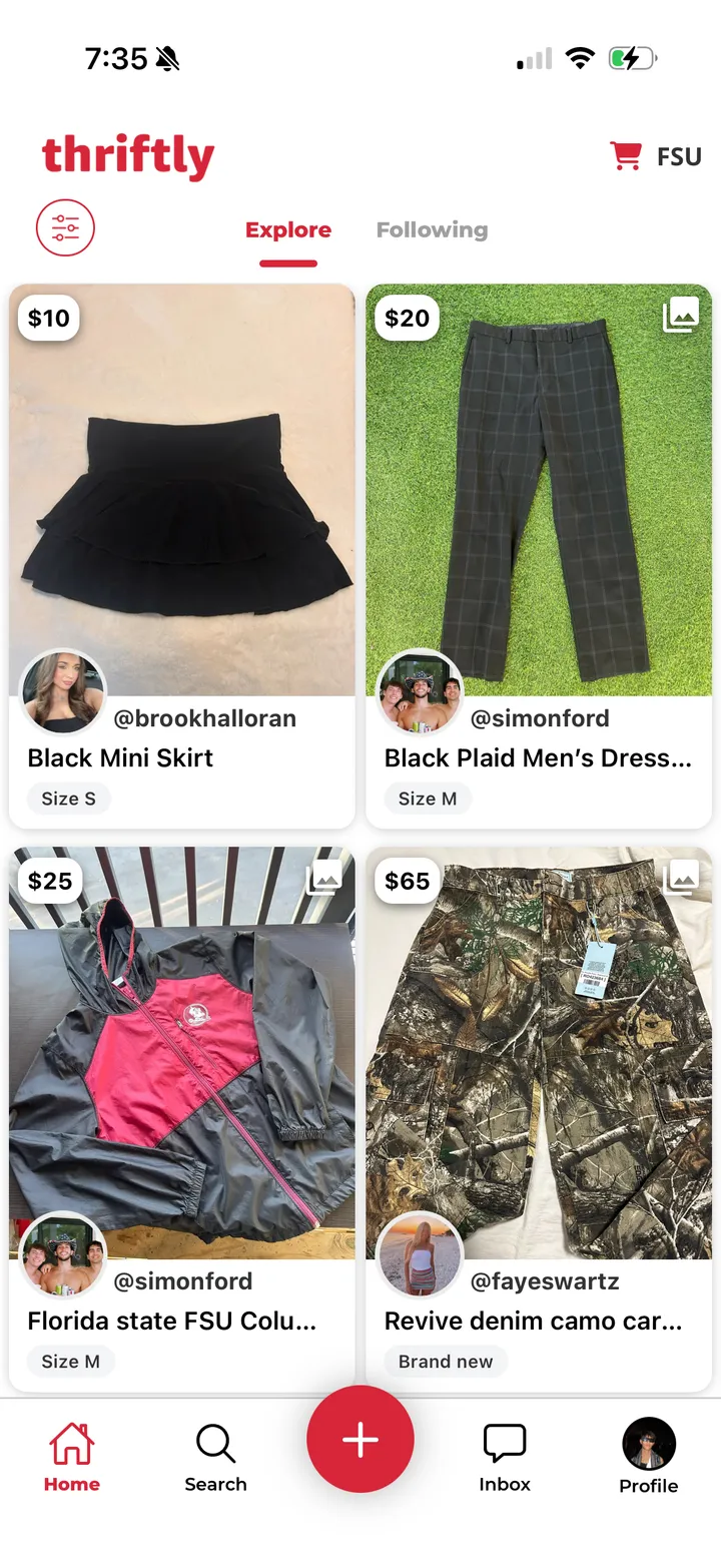Thriftly app home feed showing college student listings